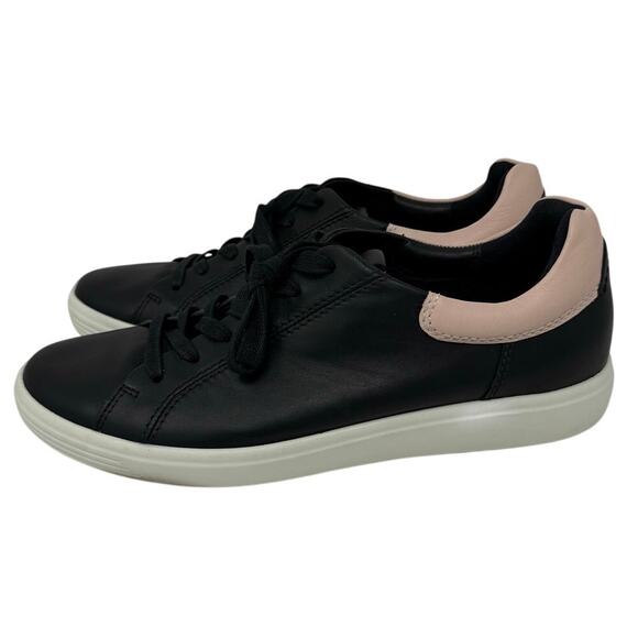 ECCO Soft Black Leather Sneakers Women’s 10 Lace Up Comfort Shoes Pink Trim - Picture 4 of 7